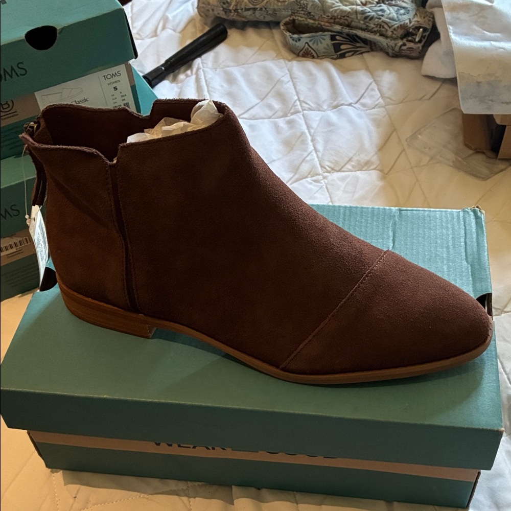 TOMS Brown Suede Low Heel Ankle Bootie